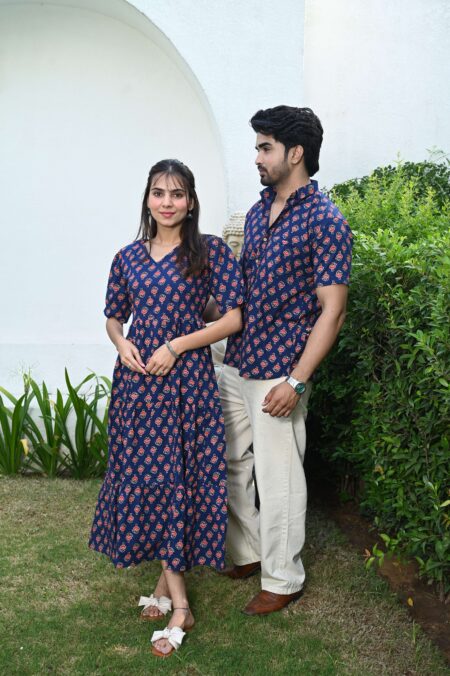 Couple Matching Navy Blue Cotton Printed Anarkali Midi Dress & Shirt Set ? Casual & Festive Wear